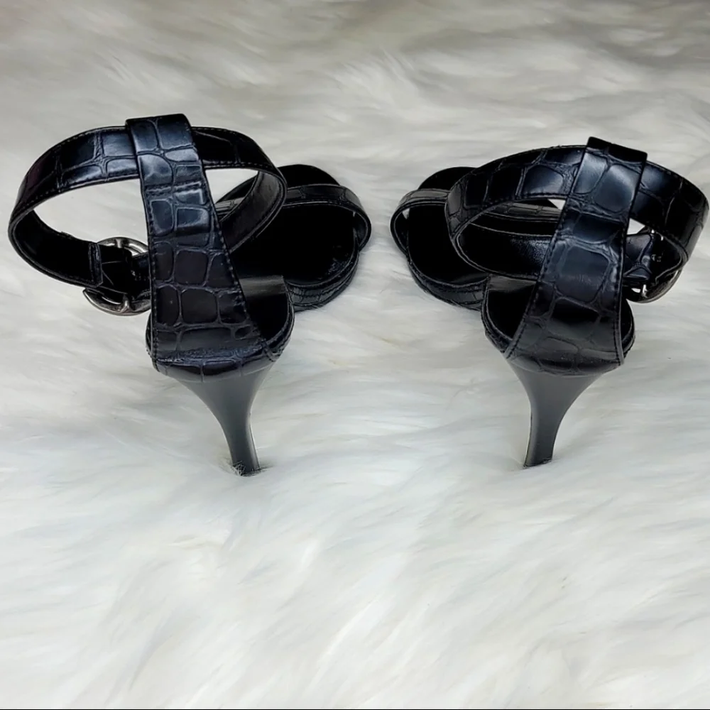 Fioni Strappy Black Leather Crocodile Alligator Print High Heels